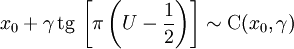  x_0 + \gamma\,\mathrm{tg}\,\left[\pi\left(U-{1 \over 2}\right)\right] \sim \mathrm{C}(x_0,\gamma)